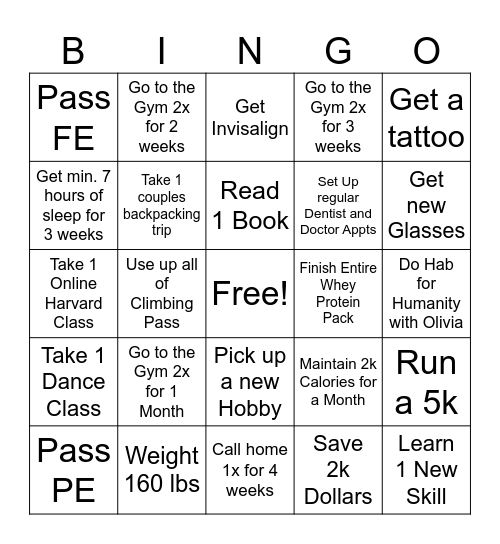 New Year's Resolution BINGO Card