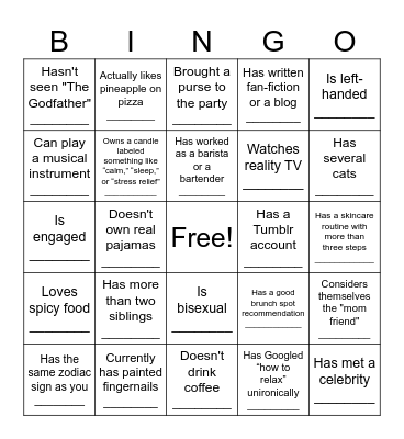 Girl Dinner Bingo Card