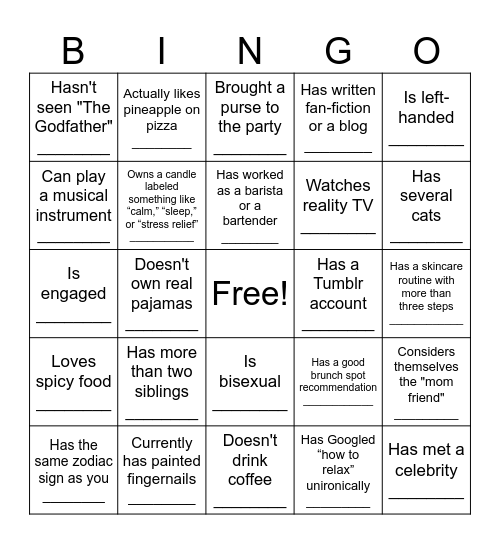 Girl Dinner Bingo Card