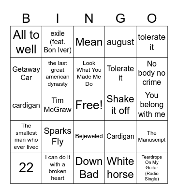 Taylor New Bingo Card