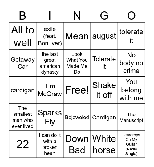 Taylor New Bingo Card