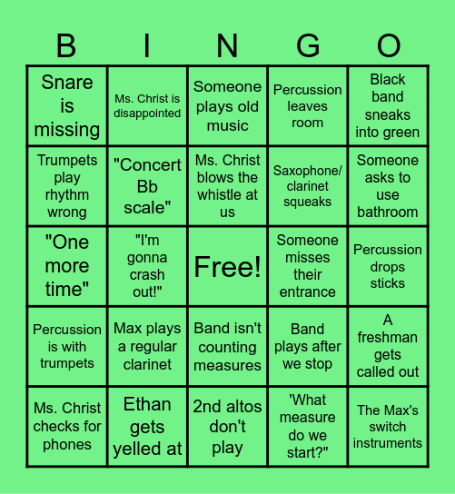 GREEN BAND BINGO Card