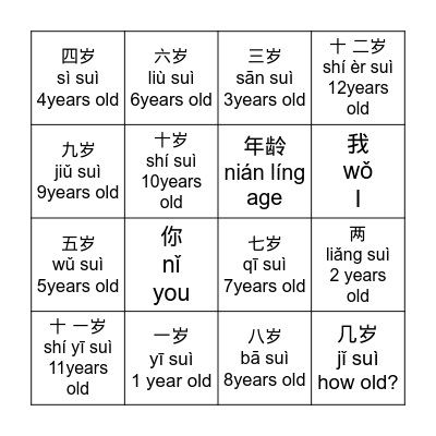 年龄 niánlíng Bingo Card