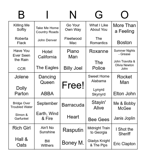 1970s Music Bingo Card