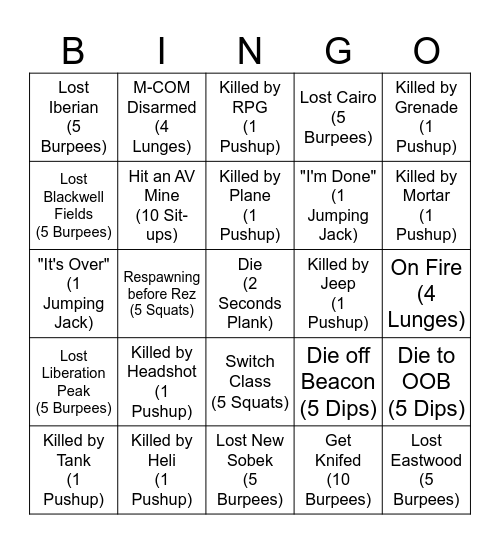 Battlefield Exercise Bingo Card