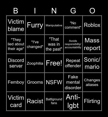 Roblox pedo card Bingo Card