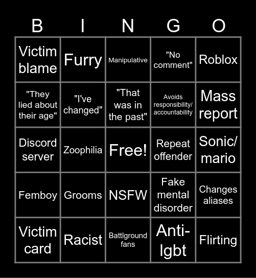 Roblox pedo card Bingo Card