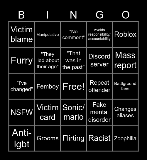 Roblox pedo card Bingo Card