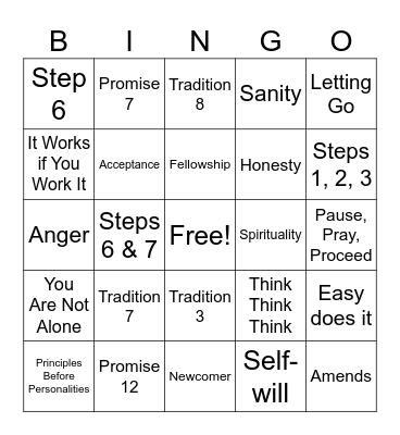 Alcoholics Anonymous Bingo Card