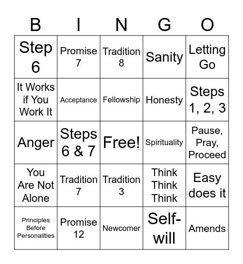 Alcoholics Anonymous Bingo Card