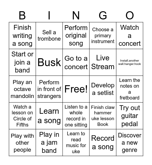 Music Goal Bingo Card