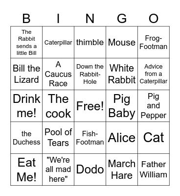 Alice in Wonderland Bingo Card