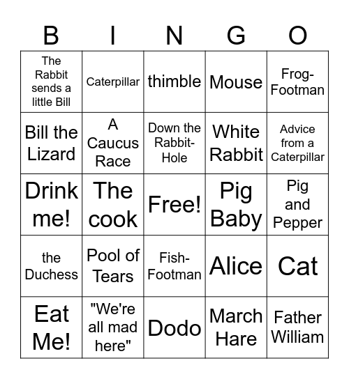 Alice in Wonderland Bingo Card