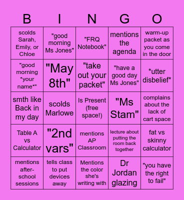 Ms Jones Bringo Bingo Card