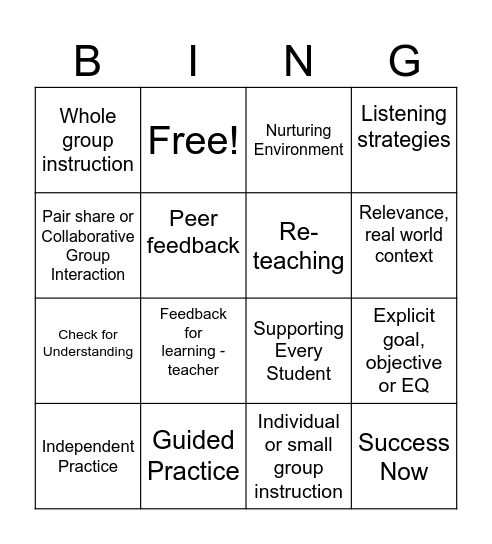 Instructional Practice Bingo Card