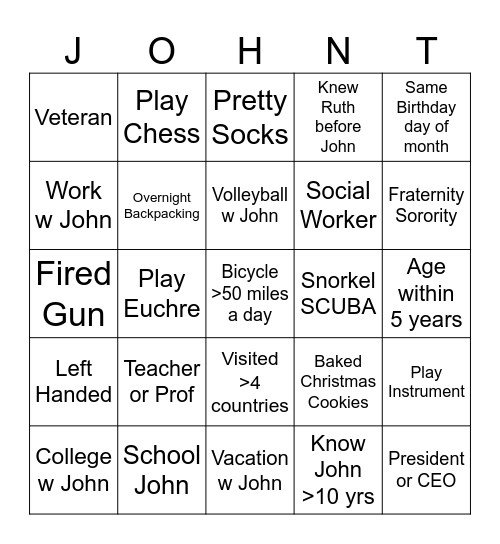 John Retirement Ice Breaker Bingo Card