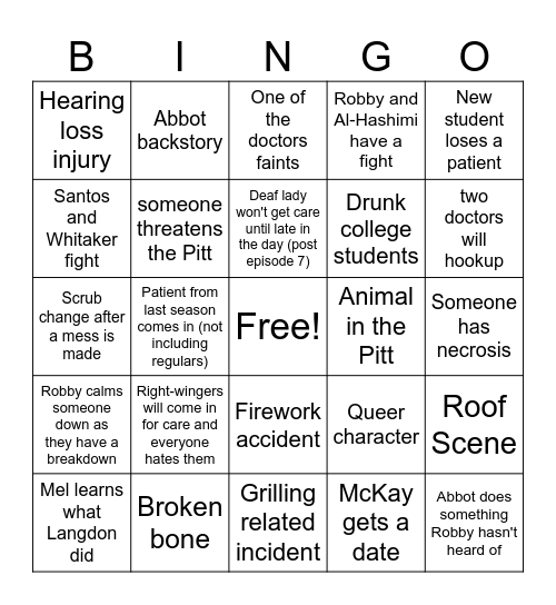 The PITT Bingo Sophie's Version Bingo Card