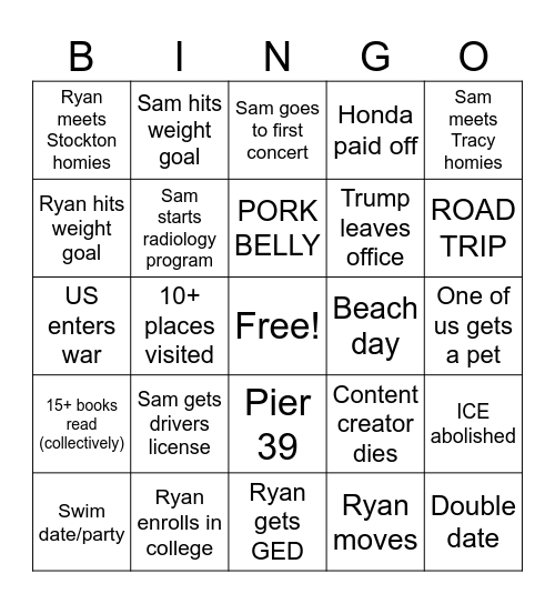 Sam & Ryan 2026 Bingo Card