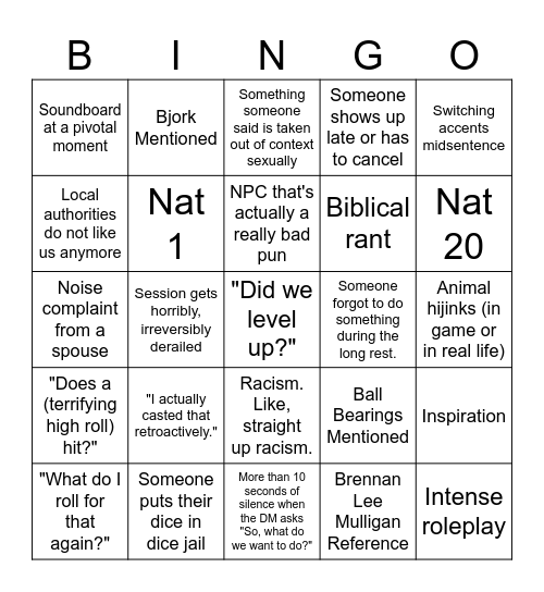 Dudes and Dragons Bingo BoardIt Bingo Card