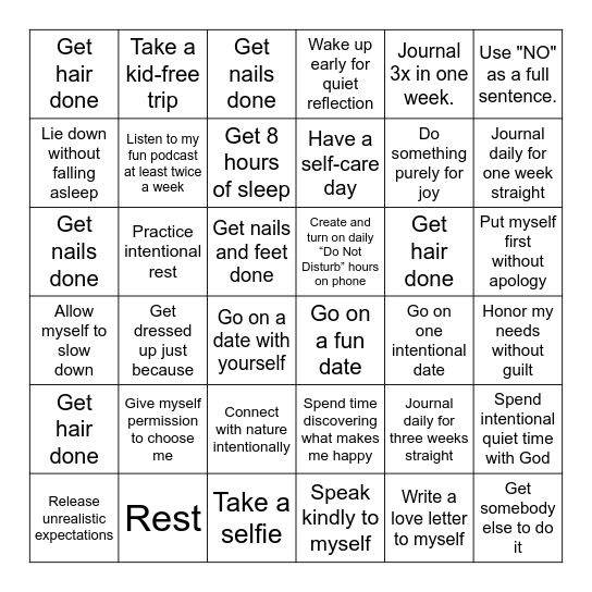 Talisha's Self Care Bingo Card Bingo Card