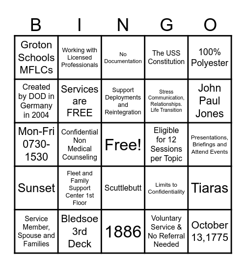 US NAVY BINGO Card