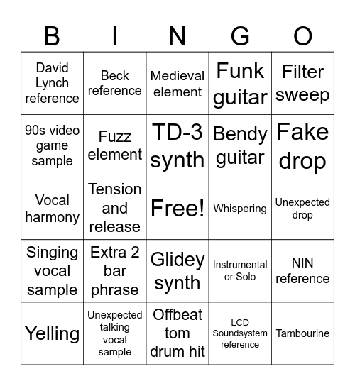Dance Music Bingo Card