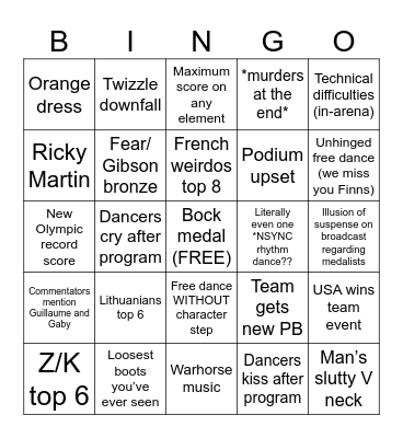 ICE DANCE Bingo Card