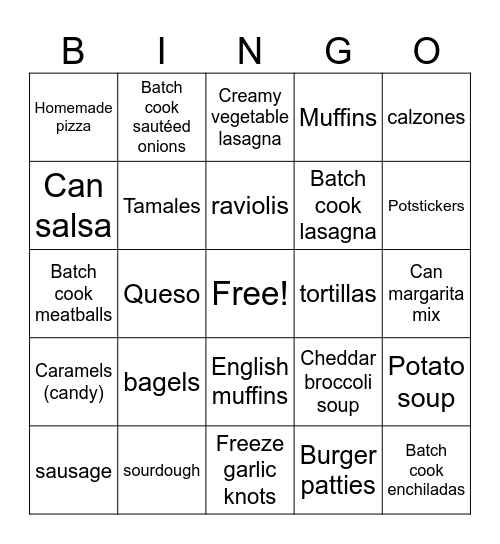 Cooking goals Bingo Card