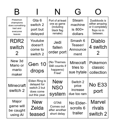 2026 Bingo List Bingo Card