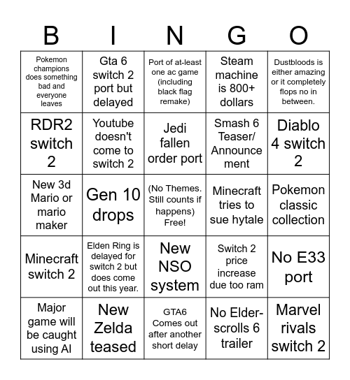 2026 Bingo List Bingo Card