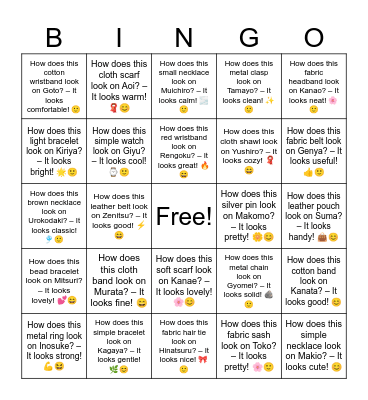 B19 L11 How does this metal clasp look on Tamayo? – It looks clean! ✨🙂 Bingo Card