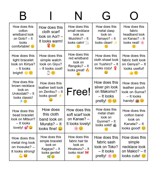 B19 L11 How does this metal clasp look on Tamayo? – It looks clean! ✨🙂 Bingo Card