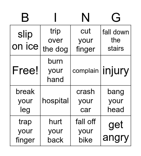 accidents and injuries Bingo Card