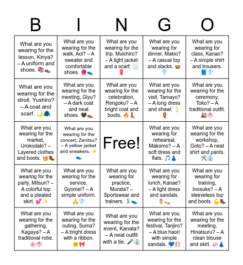 B19 L12 What are you wearing for the lesson, Kiriya? – A uniform and shoes. 📚👞 Bingo Card