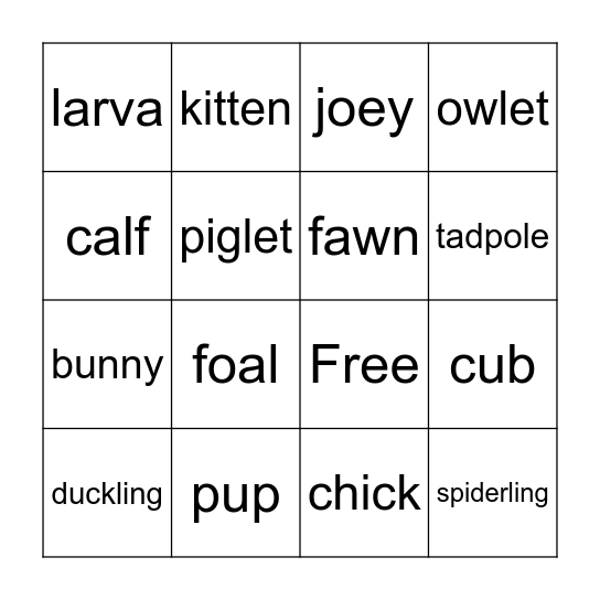 Baby Animal Bingo Card