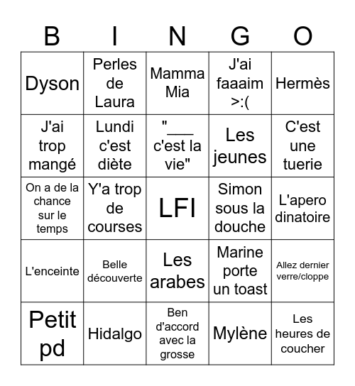 Bingo des pumbies Bingo Card