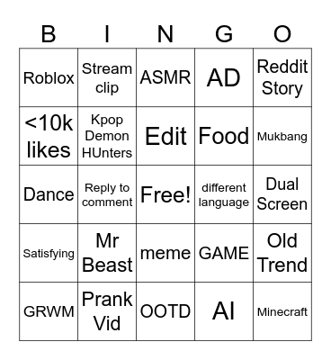 tiktok bingo Card