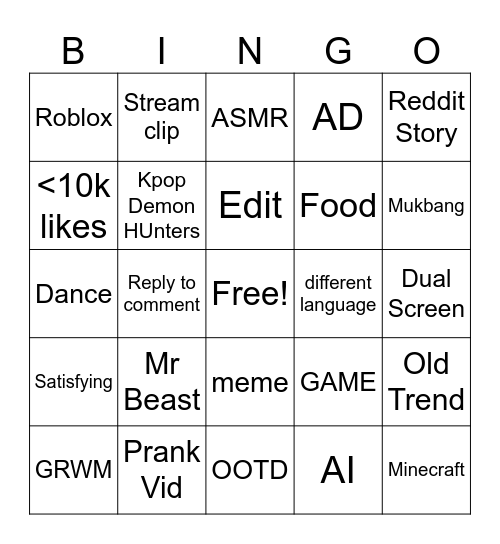 tiktok bingo Card