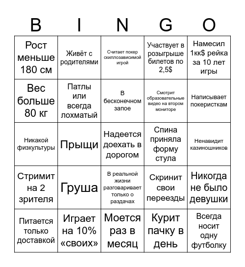 Бинго покериста Bingo Card