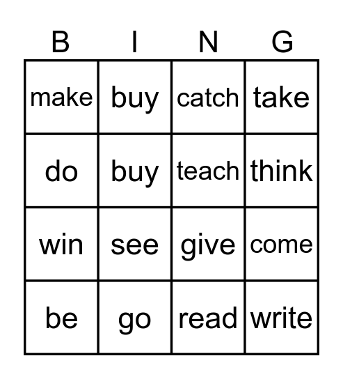 Irregular verbs Bingo Card