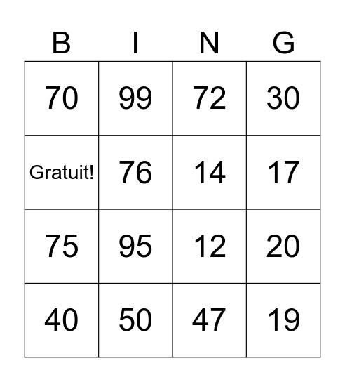 Les nombres de 1 à 100 Bingo Card