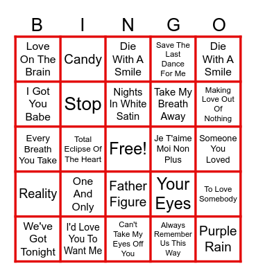 Love Songs Bingo Card