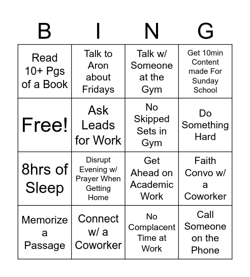 Daily Goals Bingo Card