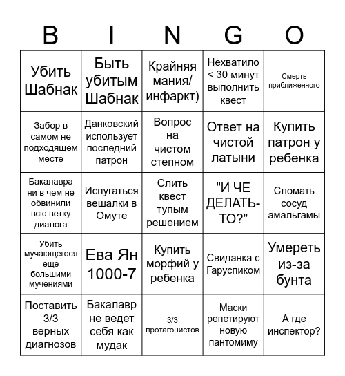 Pathologic 3 Bingo Card
