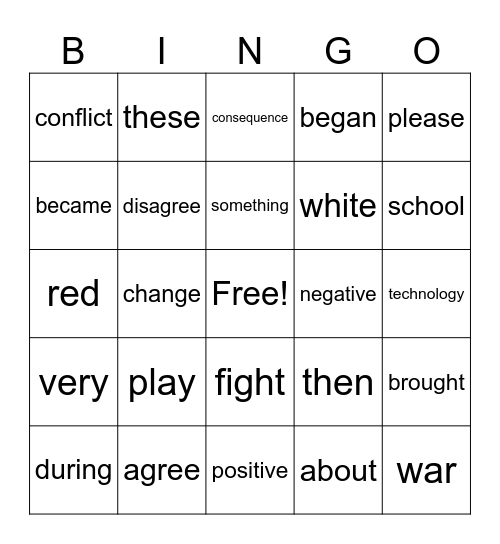 January Vocabulary Bingo Card