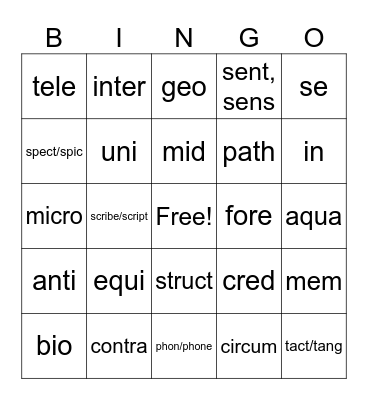 Morphology Cycle 4/5 Bingo Card