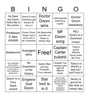 Avengers Doomsday Prediction Bingo Card