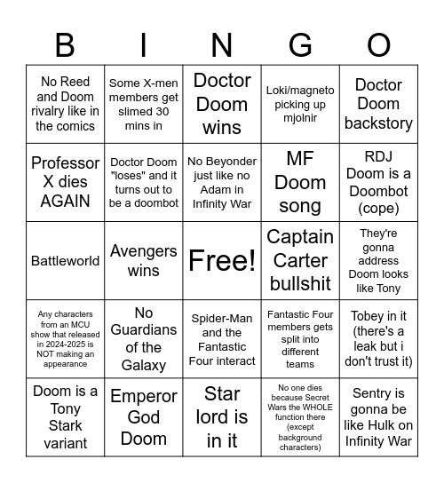 Avengers Doomsday Prediction Bingo Card