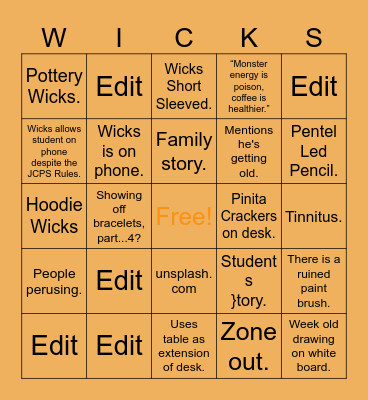 WICKS BINGO Card