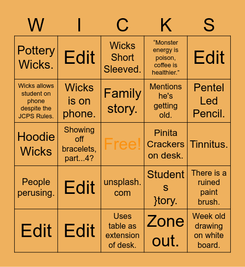 WICKS BINGO Card